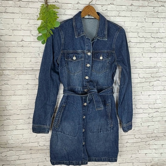NWT JustFab Dark Wash Mini Belted Denim Shirt Dress - Picture 2 of 5